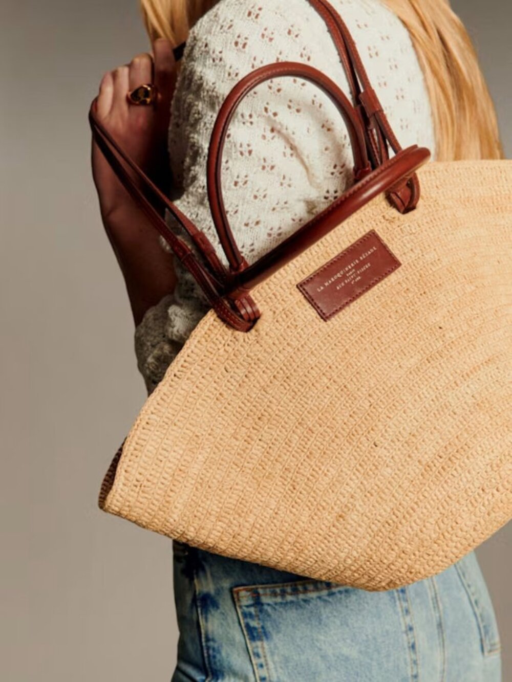 Sézane Justine Basket Bag Natural Raffia Leather NWT - Picture 2 of 6
